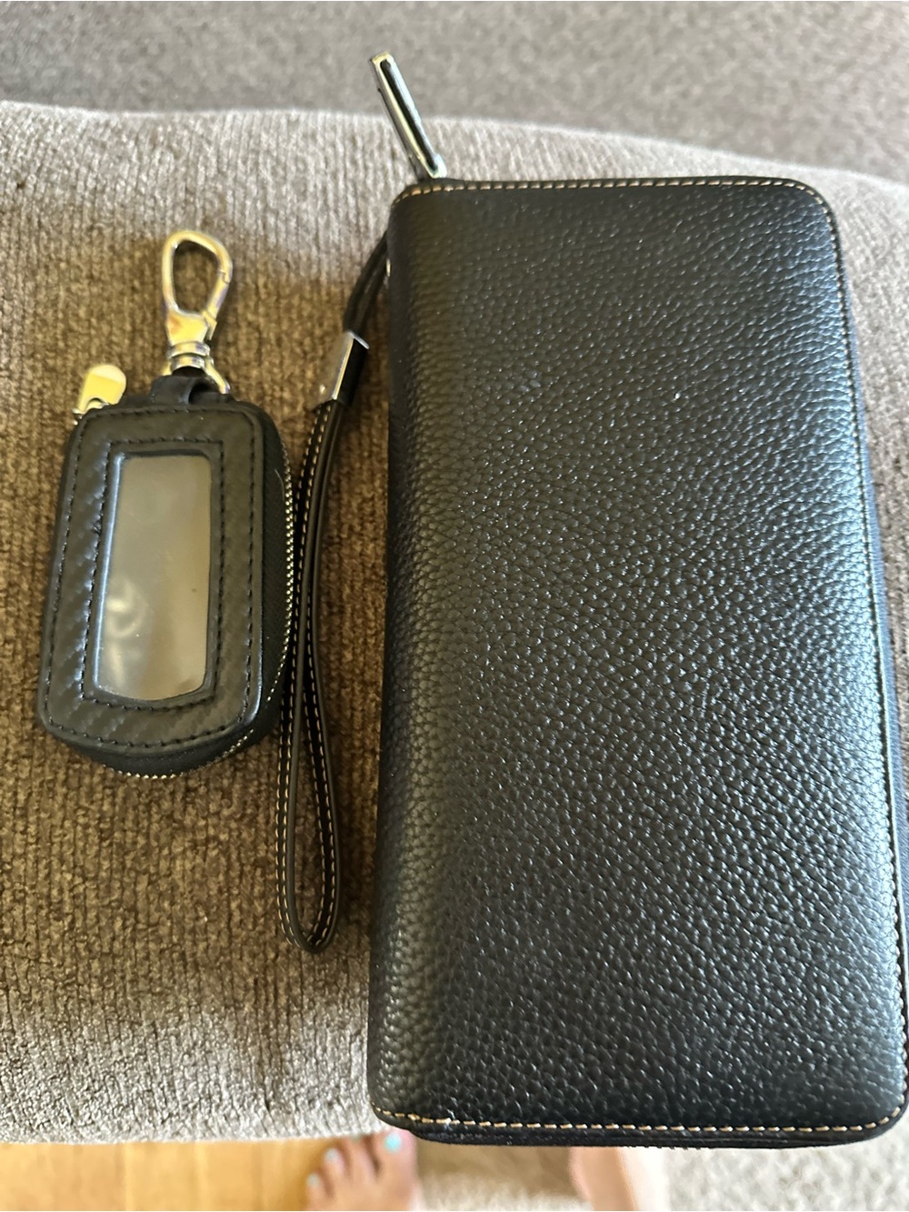 Black Leather Wallet Phone Case with Key Fob
